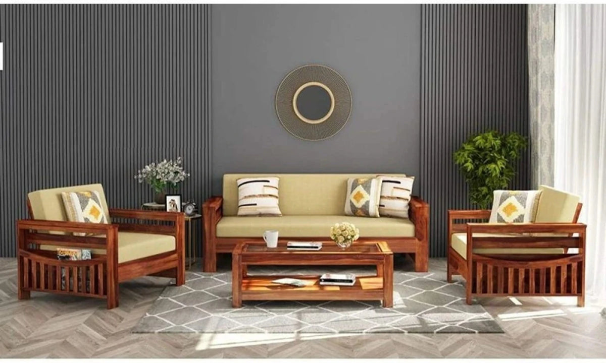 3+1+1 Wooden Sofa Set with Cream Cushions
