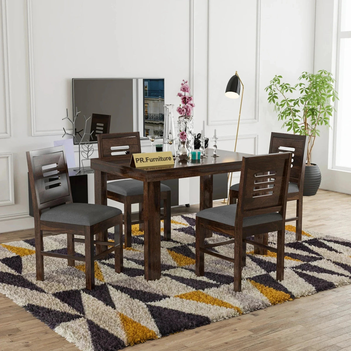 6 Seater Sheesham Wood Dining Table Set with Grey Chairs