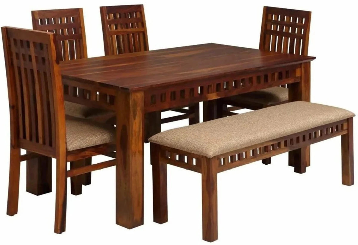 Sheesham Wood Dining Table Set with 4 Chairs & Bench