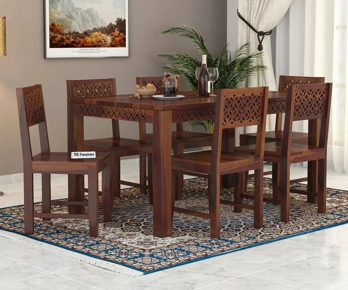 6 Seater Sheesham Wood Dining Table Set with Carved Chairs