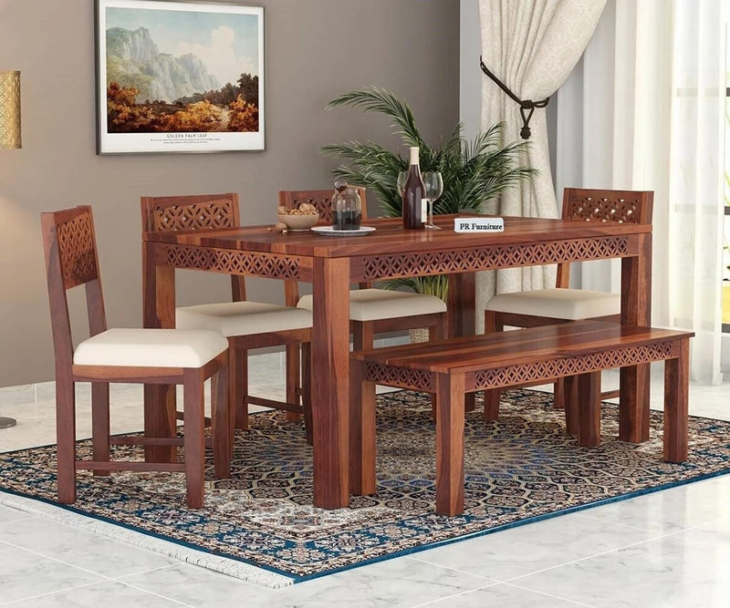 Homelry Solid Sheesham Wood 6 Seater Dining Table Set with Bench