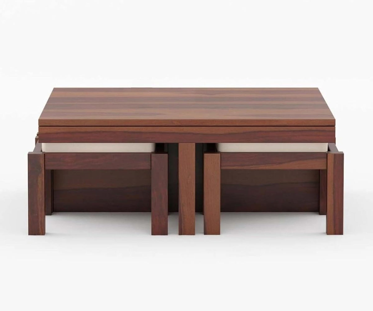 Homelry Solid Sheesham Wood Coffee Table with 4 Cushioned Stools