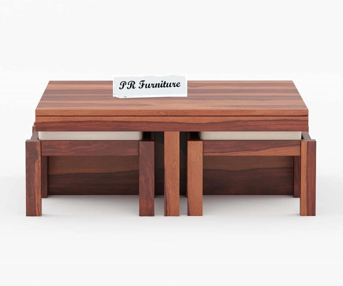 Solid Wood Coffee Table with 4 Cushioned Stools