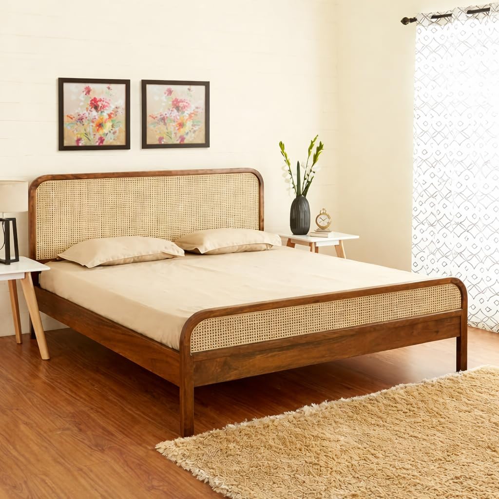 Homelry Solid Sheesham Wood Cane Bed with Curved Headboard |