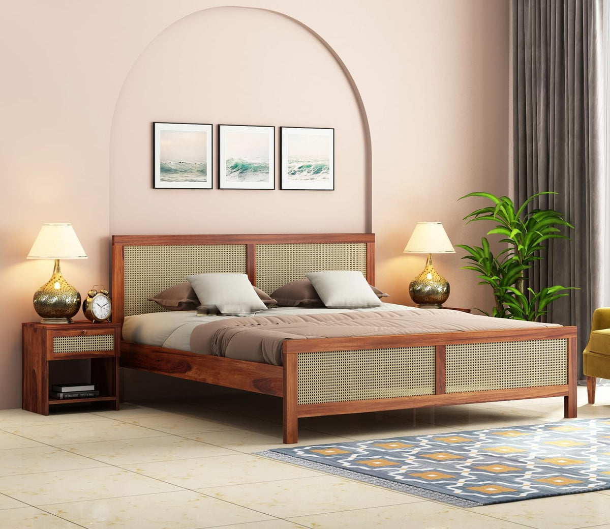 Homelry Solid Sheesham Wood Cane Bed | Modern Wooden Bed