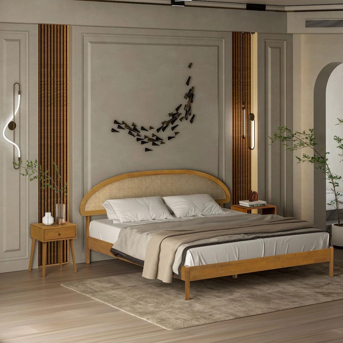 Scandinavian Natural Wood Cane Bed with Arched Rattan Headboard