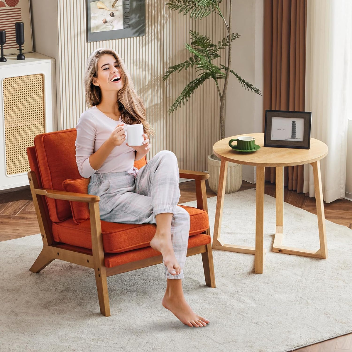 Homelry Solid Wood Upholstered Accent Lounge Chair – Orange