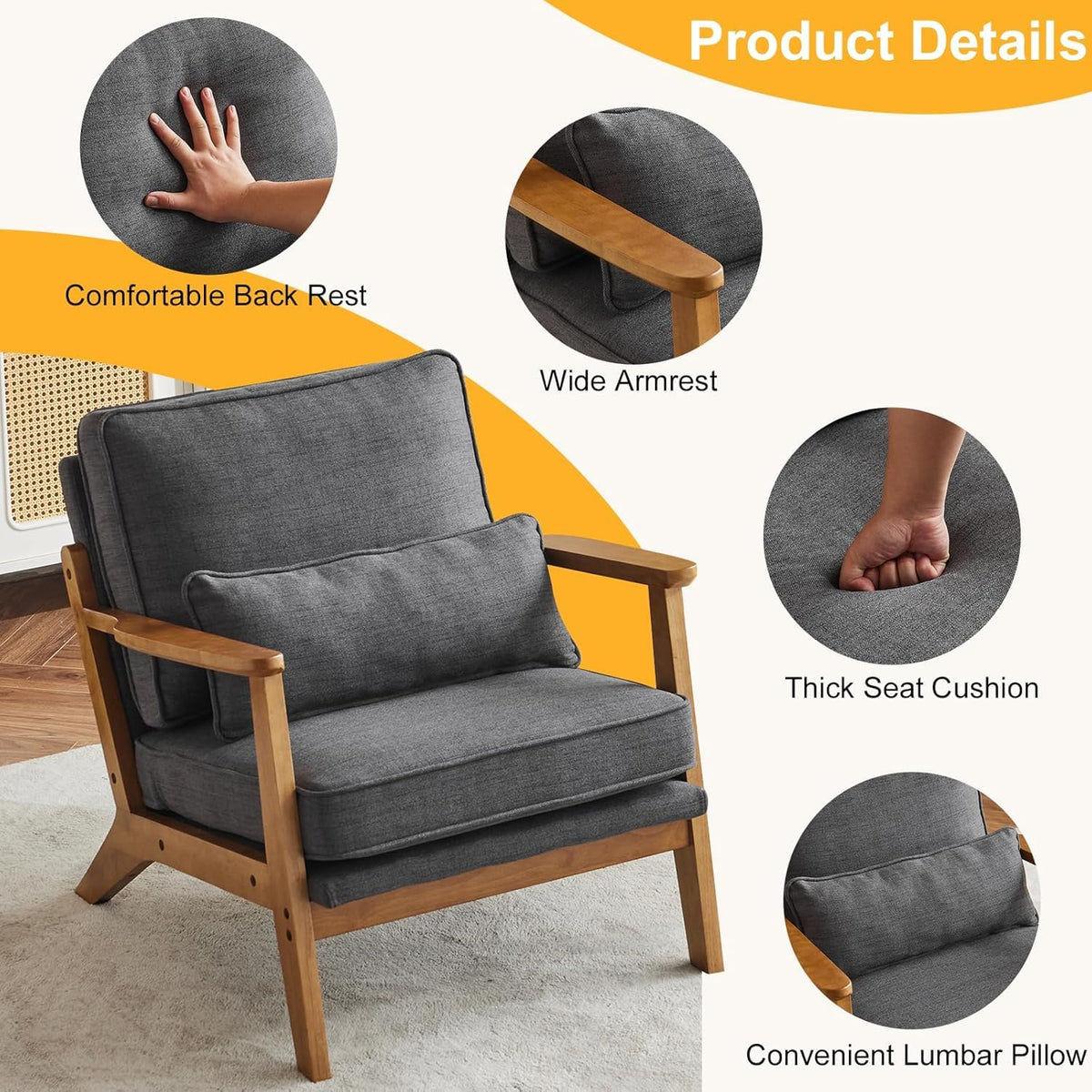 Homelry Solid Wood Upholstered Accent Lounge Chair – Dark Grey