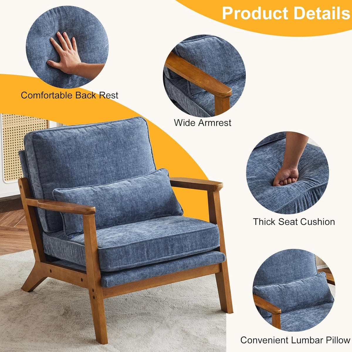 Homelry Solid Wood Upholstered Accent Lounge Chair – Grey Blue