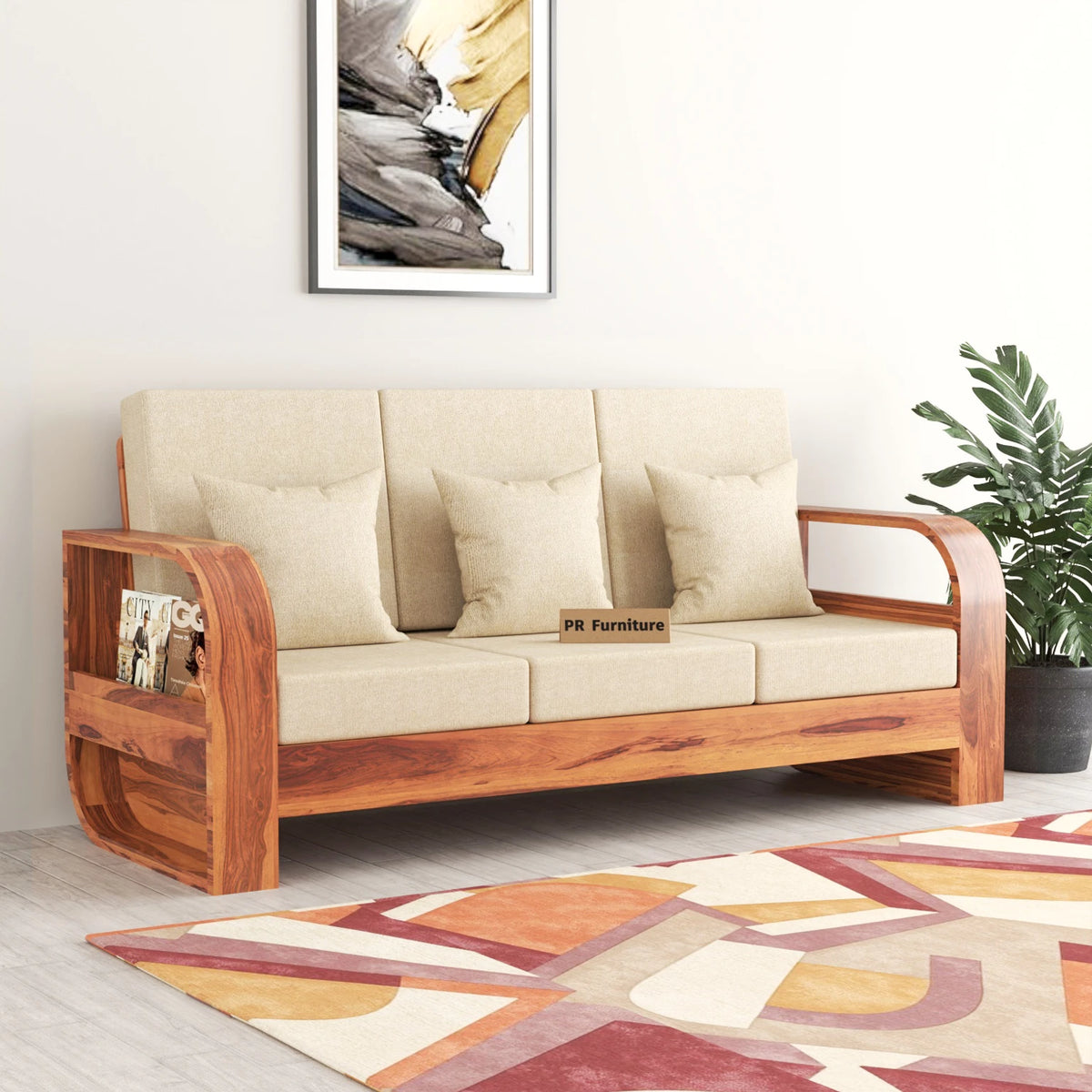 Elegant 3 Seater Wooden Sofa with Beige Cushions
