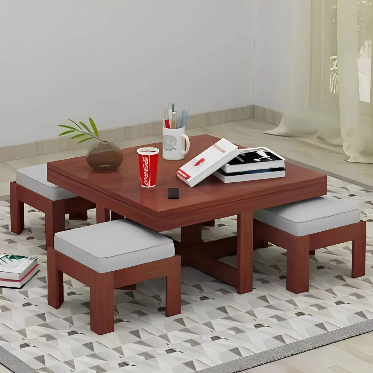 Sheesham Wood Coffee Table Set with 4 Stools