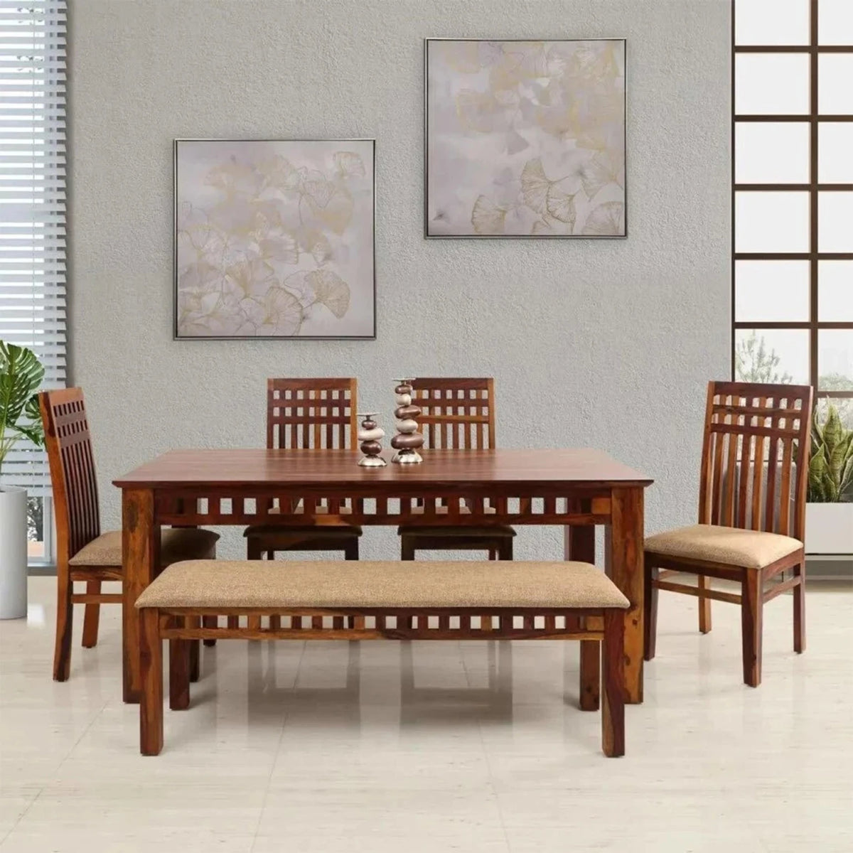 Sheesham Wood Dining Table Set with 4 Chairs & Bench