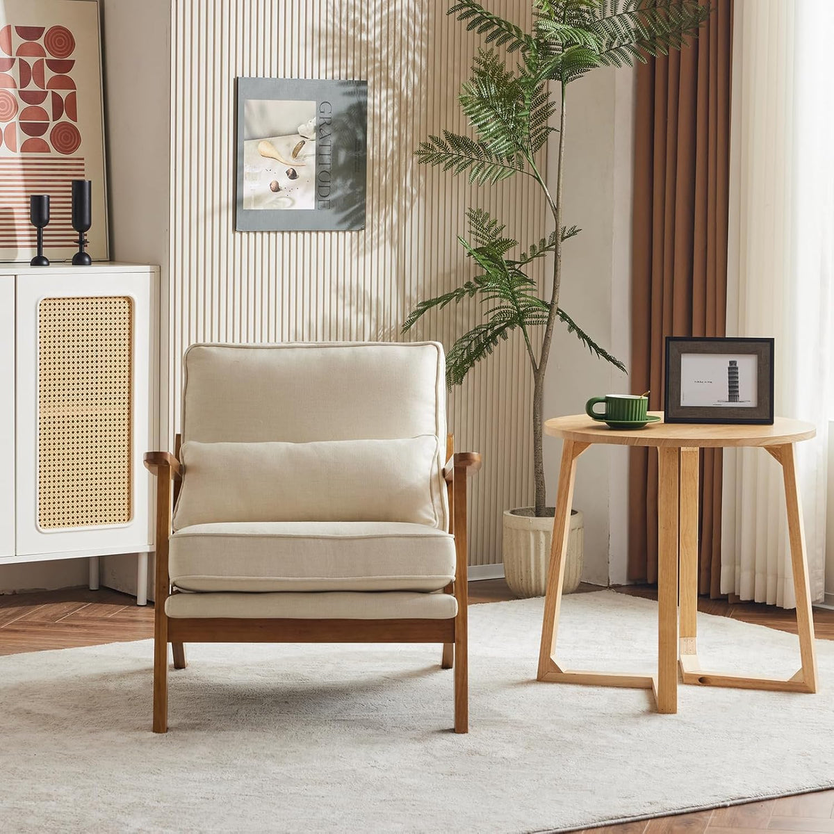 Homelry Solid Wood Upholstered Accent Lounge Chair – Beige
