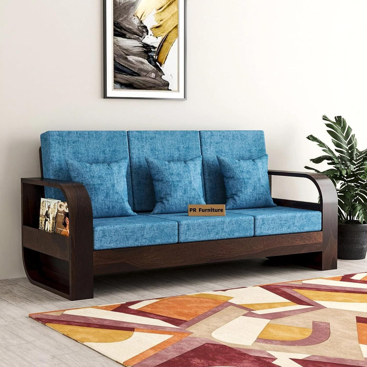 Homelry Blue 3 Seater Wooden Sofa