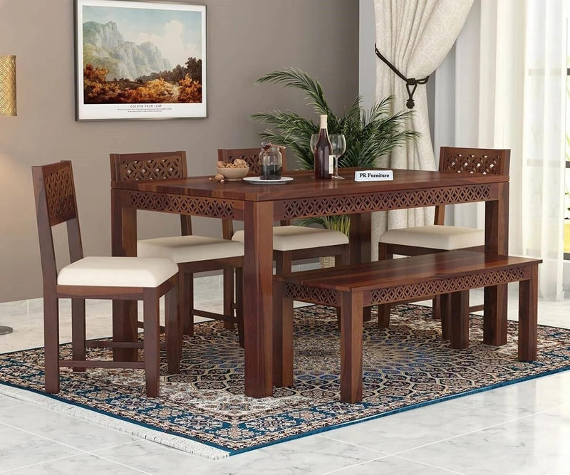 Homelry Solid Sheesham Wood 6 Seater Dining Table Set with Bench & Chairs