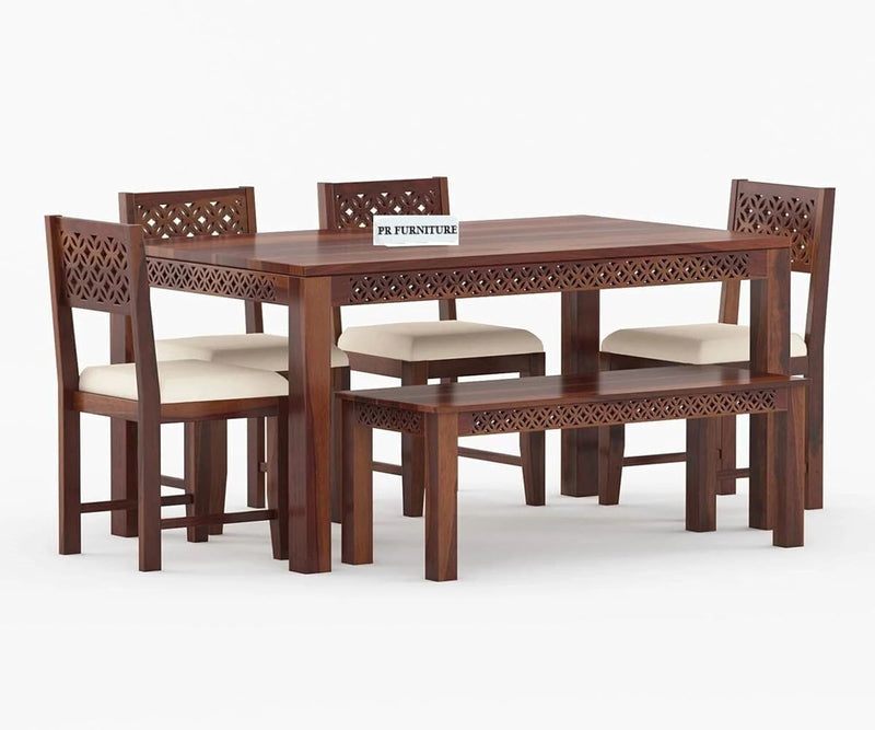 Homelry Solid Sheesham Wood 6 Seater Dining Table Set with Bench & Chairs