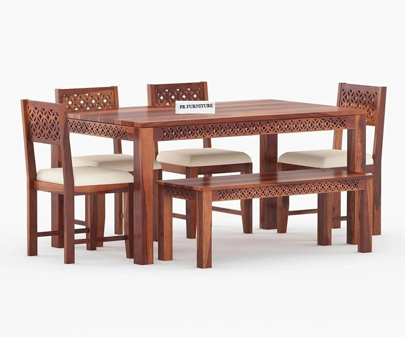 Homelry Solid Sheesham Wood 6 Seater Dining Table Set with Bench