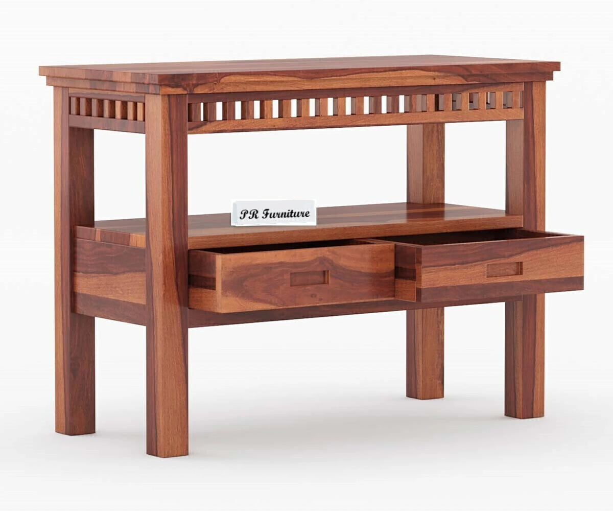 Sheesham Wood Console Table with Drawers & Open Shelf