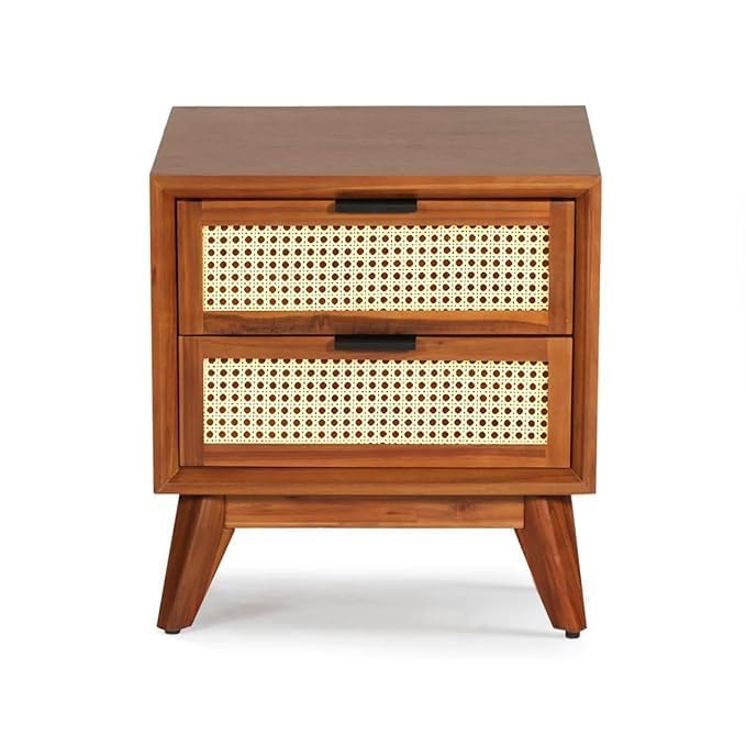 Homelry Solid Sheesham Wood Rattan Bedside Table with 2 Drawers