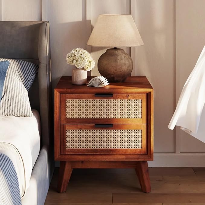 Homelry Solid Sheesham Wood Rattan Bedside Table with 2 Drawers