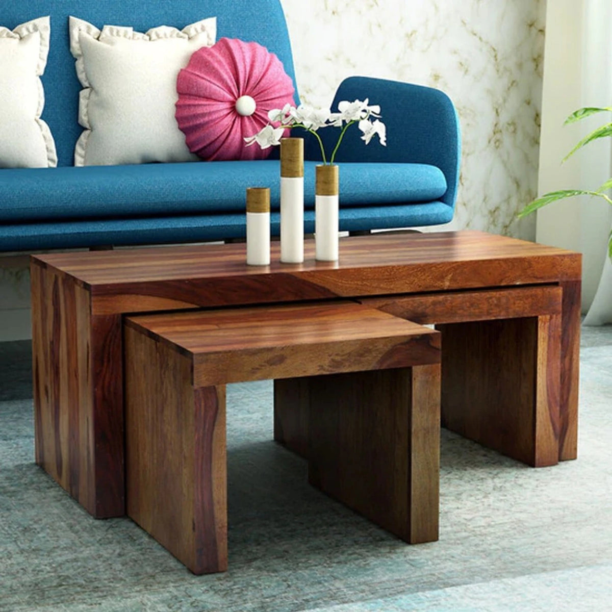 Solid Sheesham Wood Coffee Table with Nested Stool