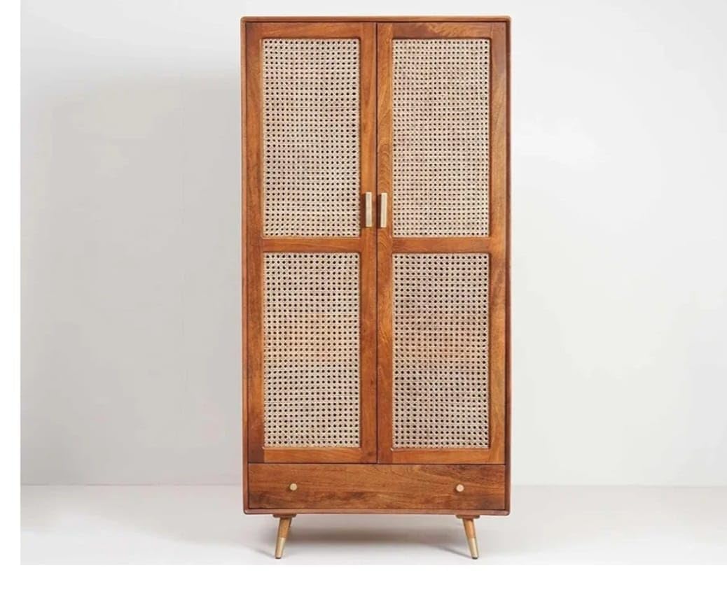 Homelry Solid Sheesham Wood Cane Wardrobe with Drawer