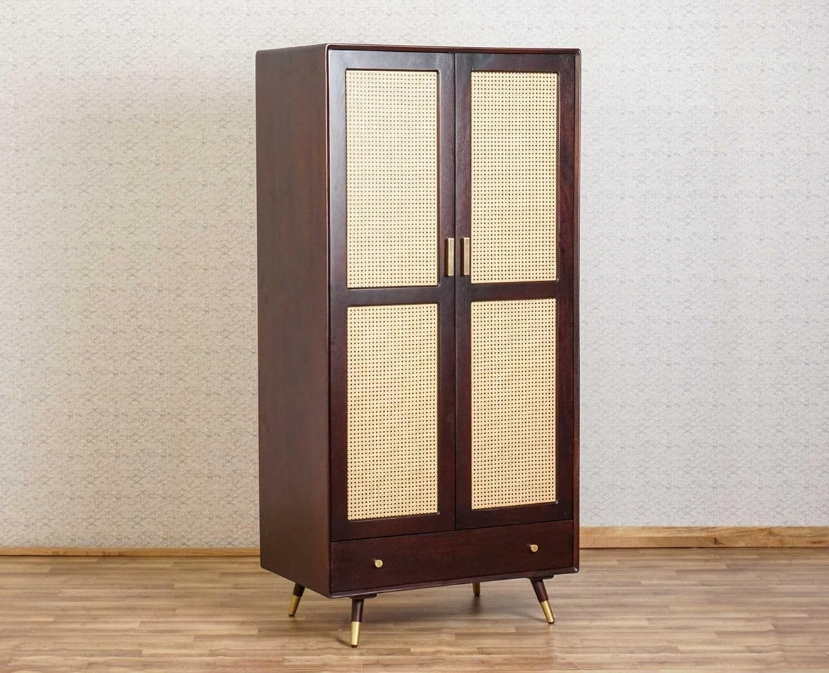 Homelry Solid Sheesham Wood Cane Wardrobe with Drawer