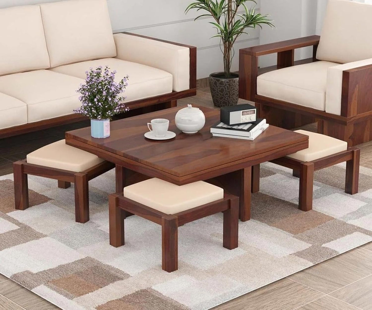 Homelry Solid Sheesham Wood Coffee Table with 4 Cushioned Stools
