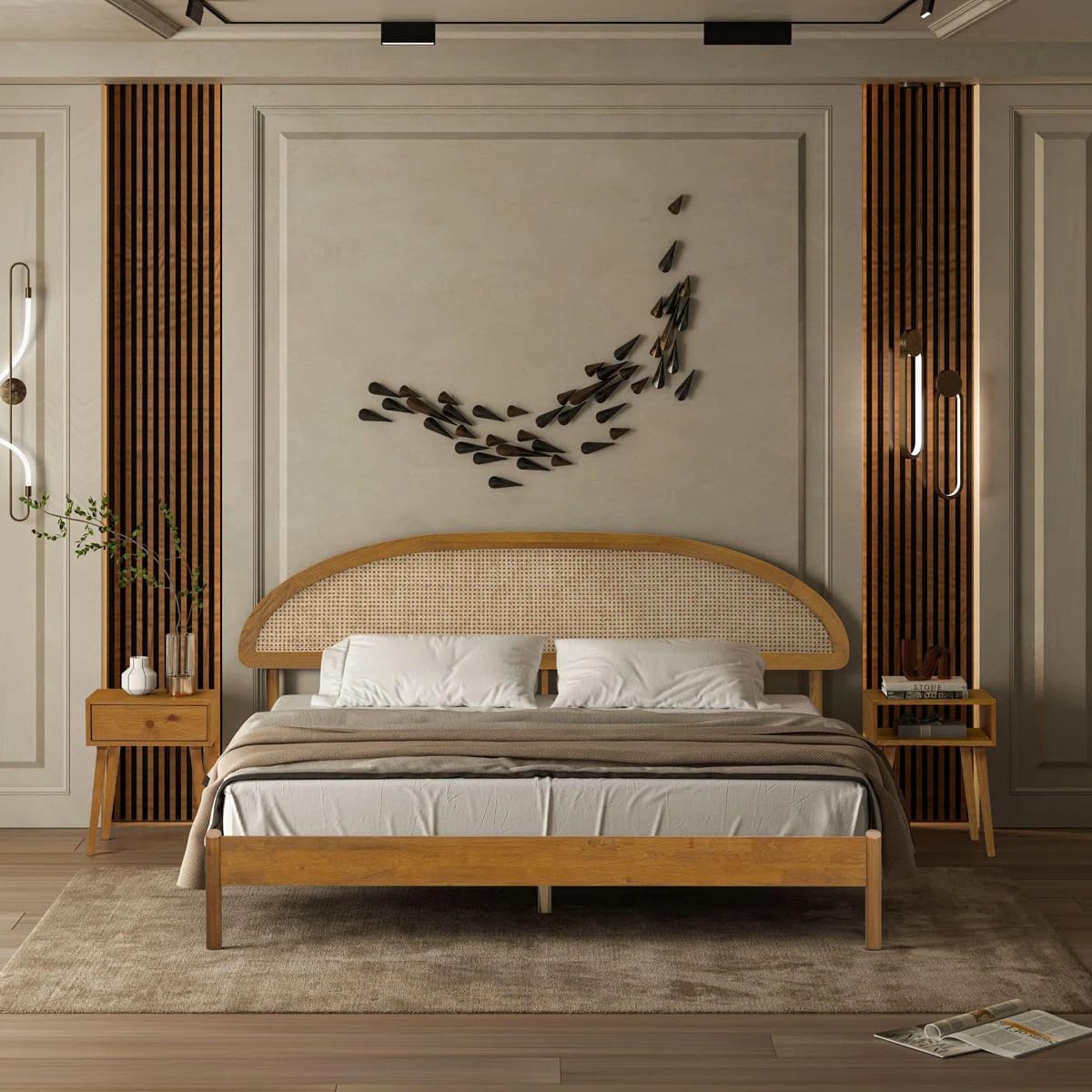 Scandinavian Natural Wood Cane Bed with Arched Rattan Headboard
