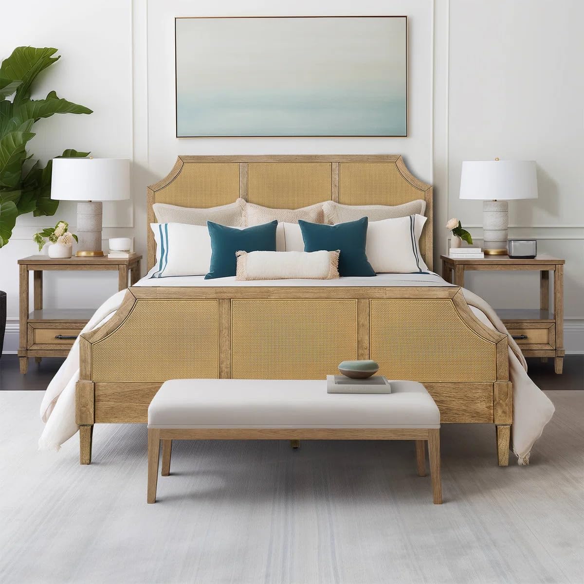 Natural Wood Cane Bed with Woven Rattan Headboard & Footboard