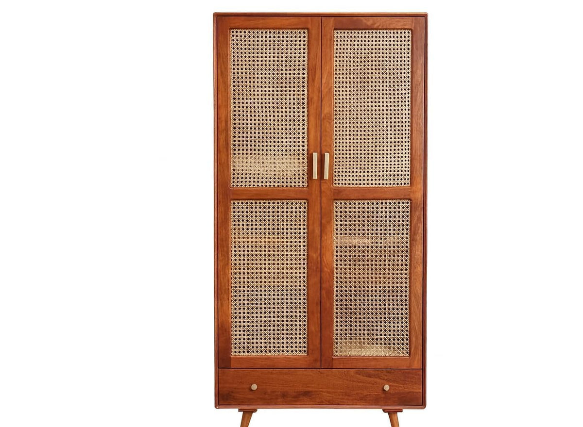 Homelry Solid Sheesham Wood Cane Wardrobe with Drawer