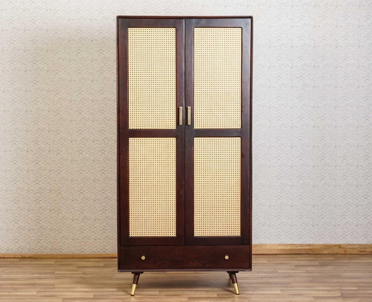 Homelry Solid Sheesham Wood Cane Wardrobe with Drawer