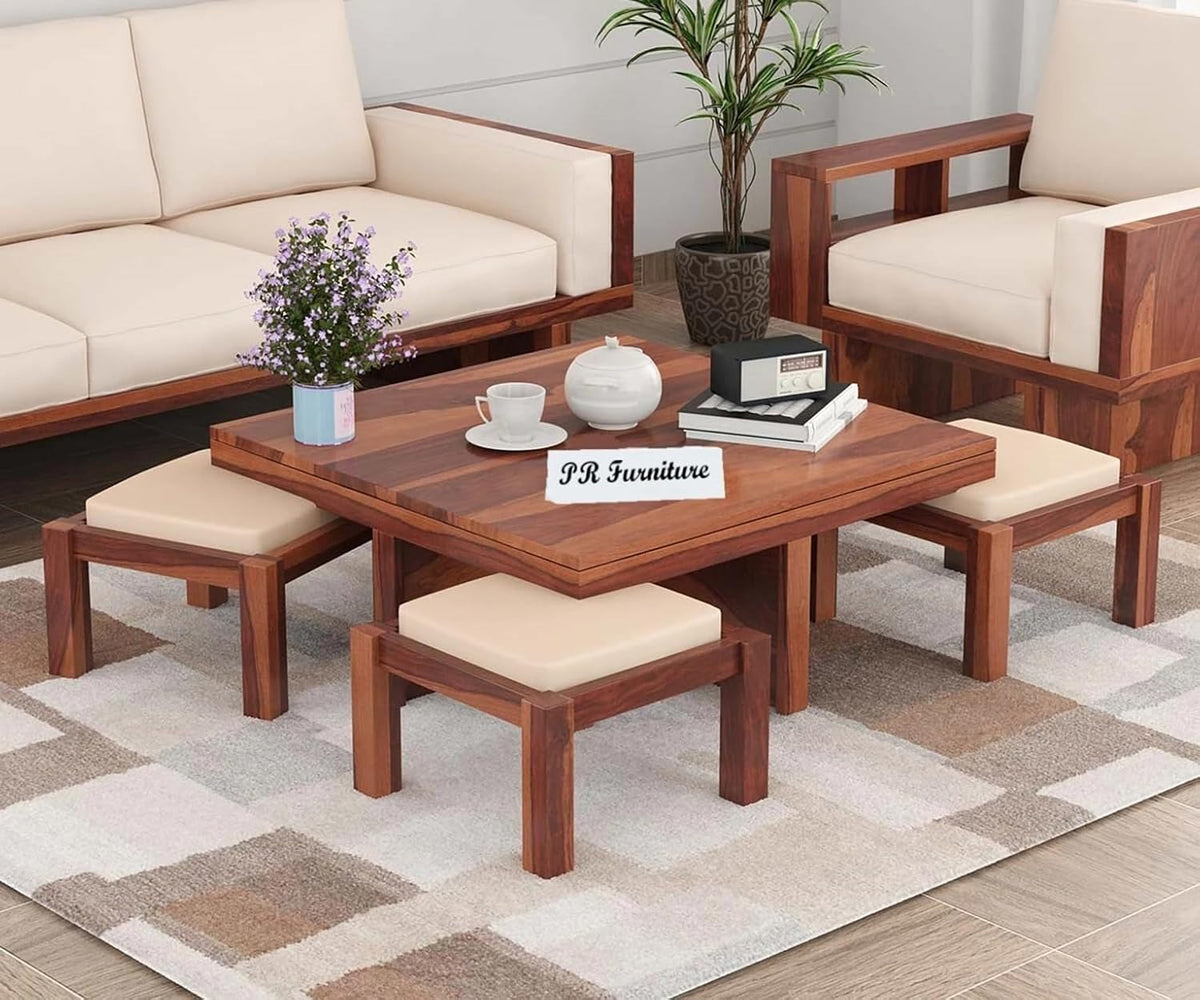 Solid Wood Coffee Table with 4 Cushioned Stools