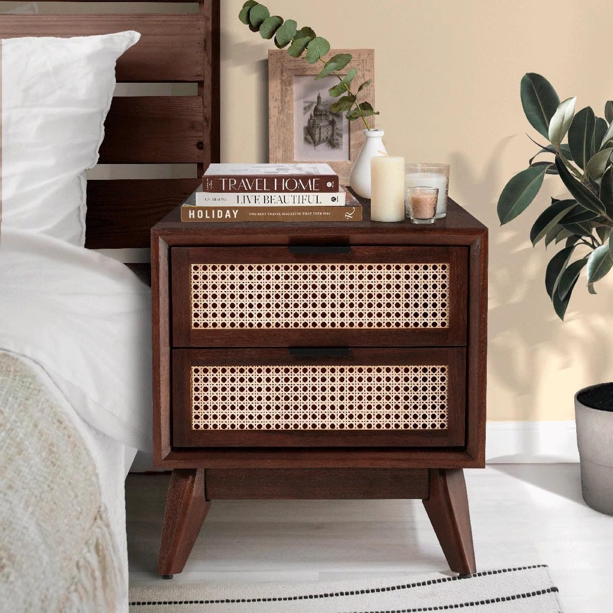 Homelry Solid Wood & Rattan Bedside Table with 2 Drawers