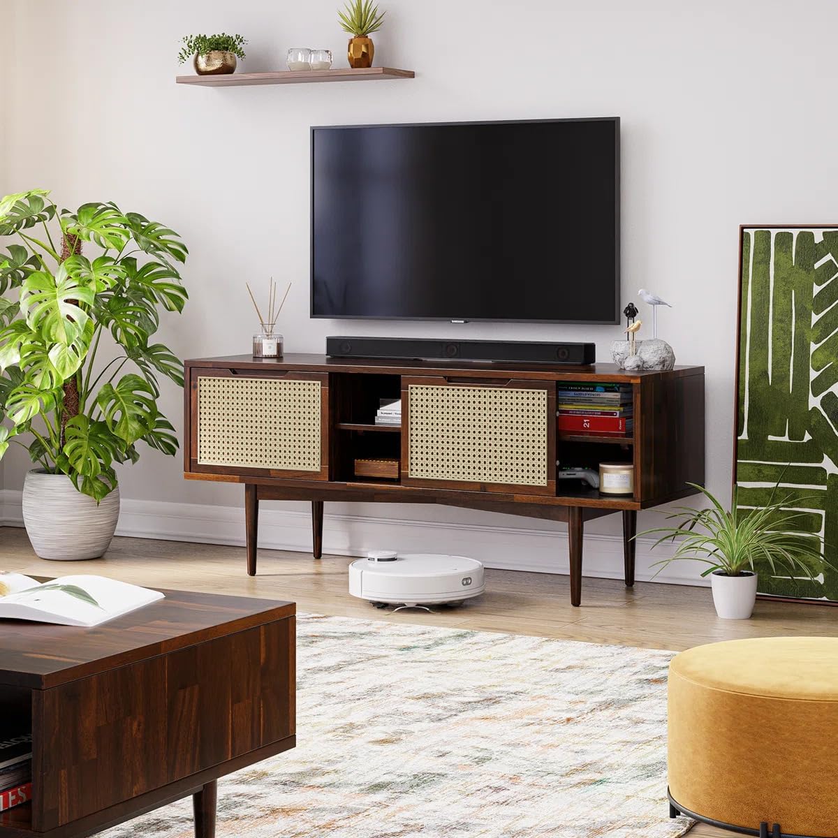 Homelry Solid Sheesham Wood Cane TV Unit with Storage
