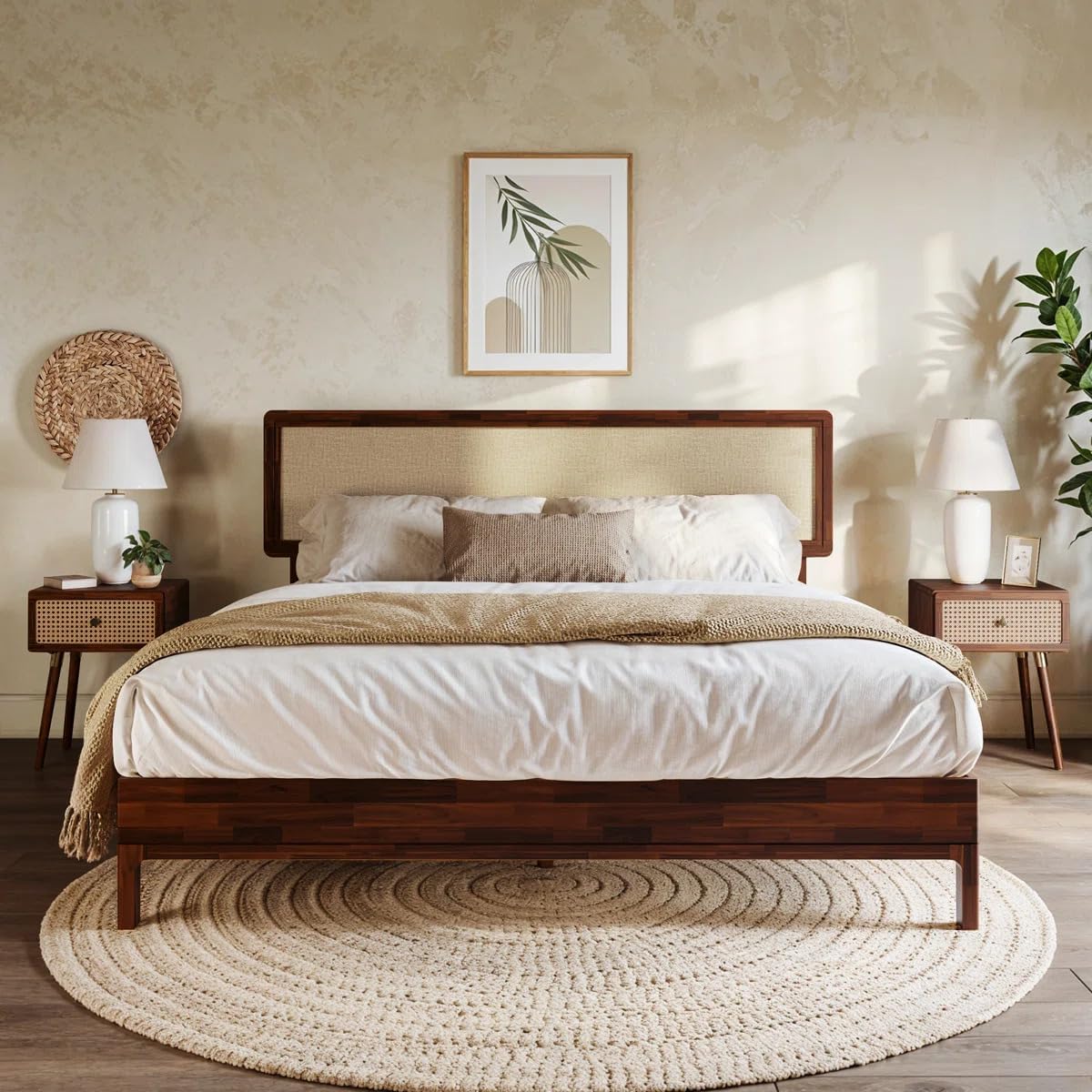Modern Walnut Wood Cane Bed with Woven Rattan Headboard