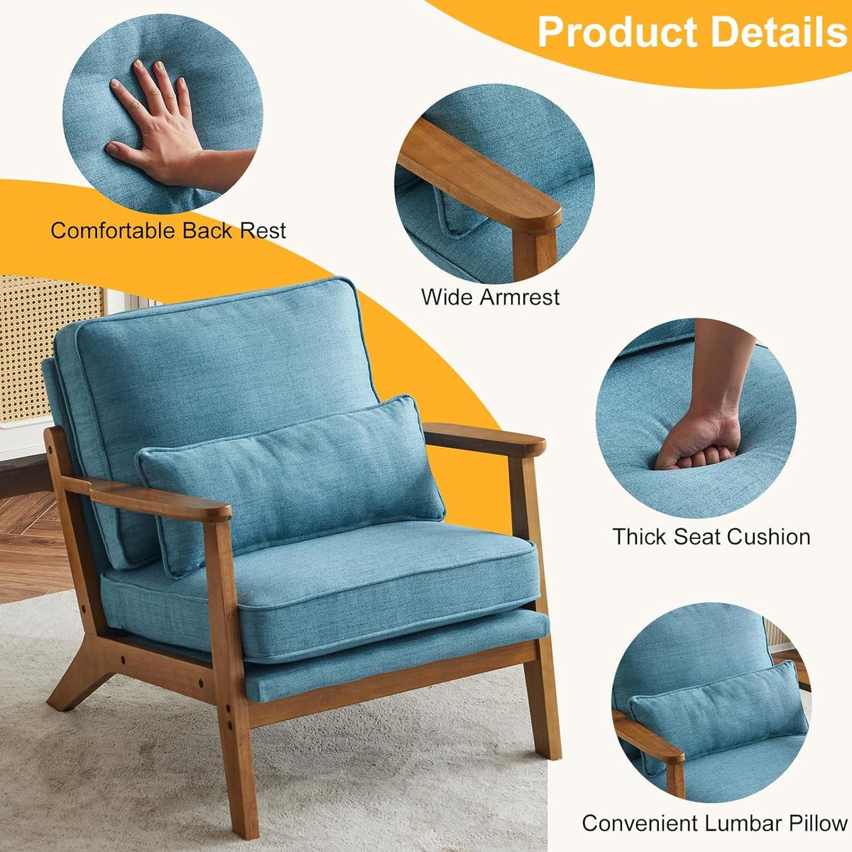 Homelry Solid Wood Upholstered Accent Lounge Chair – Blue