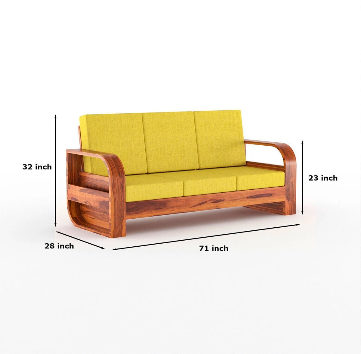 Lemon Yellow Wooden 3 Seater Sofa with Cushions