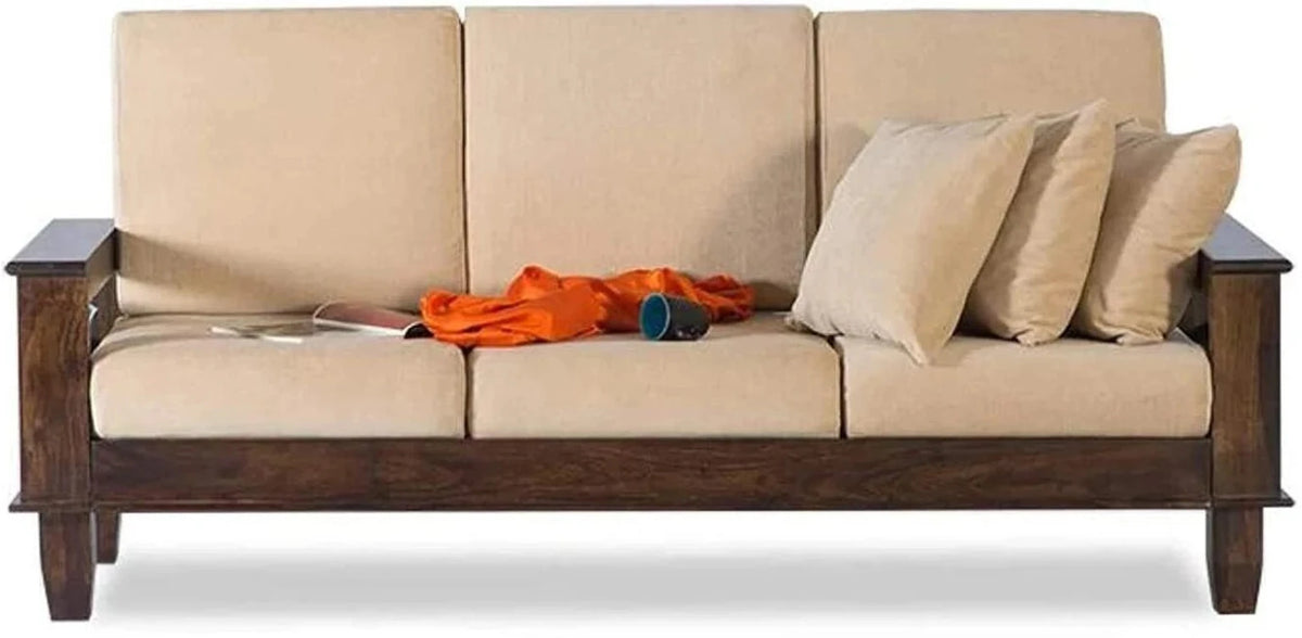 3 Seater Wooden Sofa with Cream Cotton Upholstery