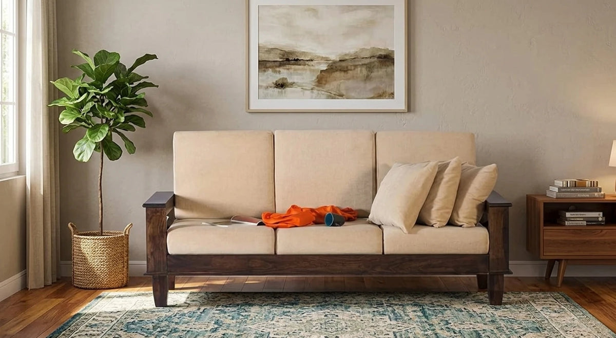 3 Seater Wooden Sofa with Cream Cotton Upholstery