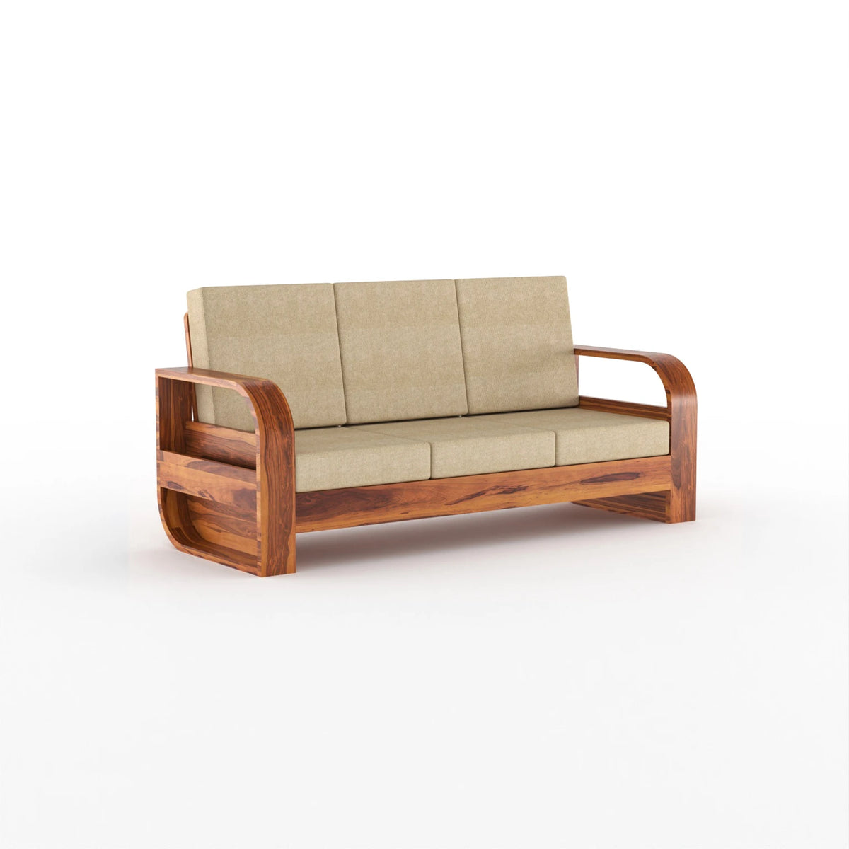 Elegant 3 Seater Wooden Sofa with Beige Cushions